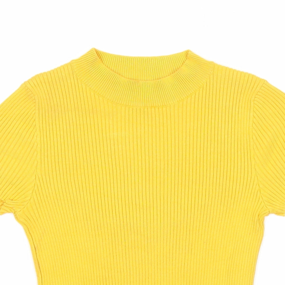Bershka Womens Yellow Viscose Basic T-Shirt Size S Round Neck - Open Back