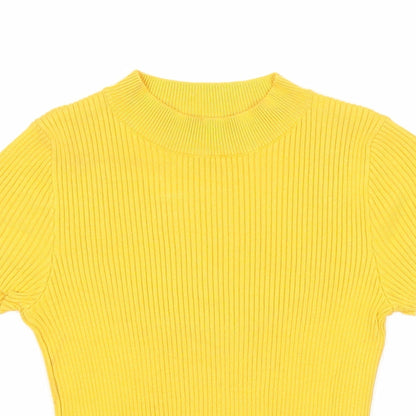 Bershka Womens Yellow Viscose Basic T-Shirt Size S Round Neck - Open Back