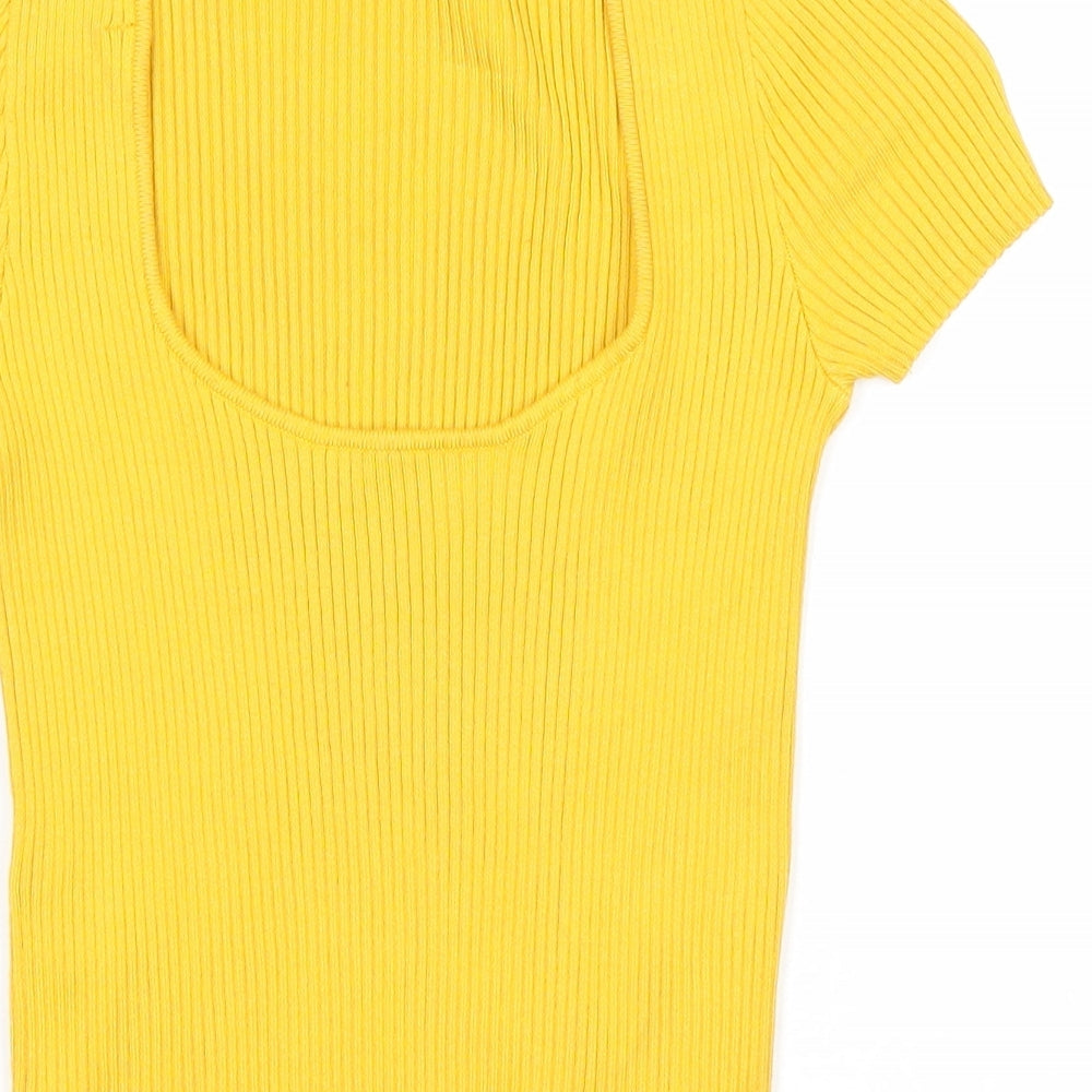 Bershka Womens Yellow Viscose Basic T-Shirt Size S Round Neck - Open Back