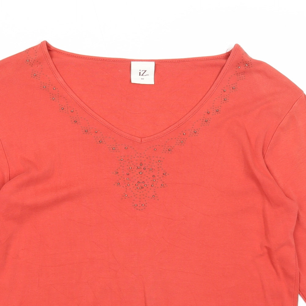 Iz Womens Red Cotton Basic T-Shirt Size M V-Neck