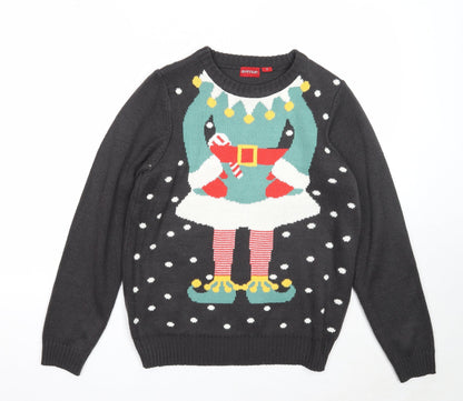 Avenue Mens Grey Round Neck Acrylic Pullover Jumper Size S Long Sleeve - Elf Christmas