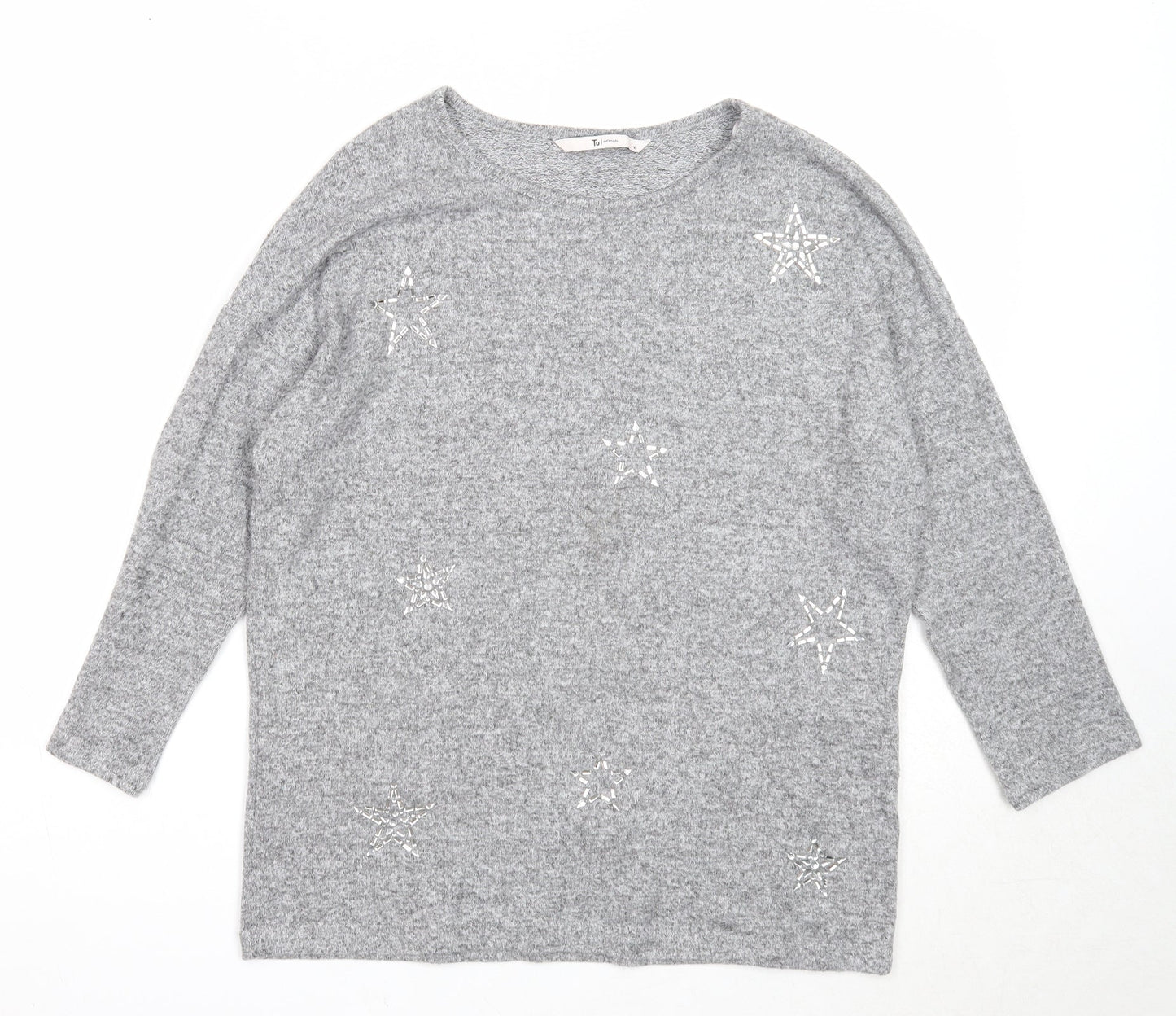 TU Womens Grey Round Neck Geometric Polyester Pullover Jumper Size 10 - Star Pattern
