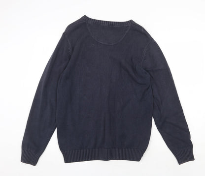 Boston Crew Mens Blue V-Neck Cotton Pullover Jumper Size M Long Sleeve