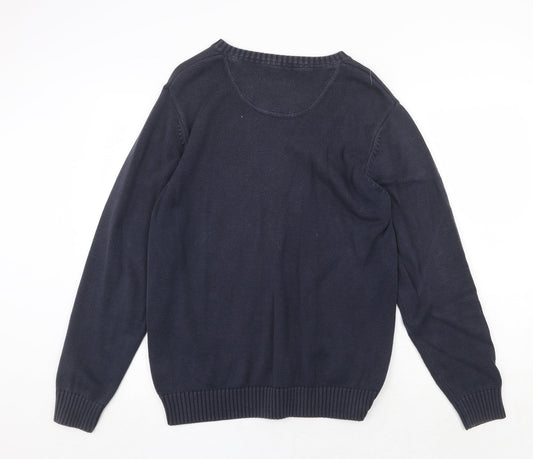 Boston Crew Mens Blue V-Neck Cotton Pullover Jumper Size M Long Sleeve