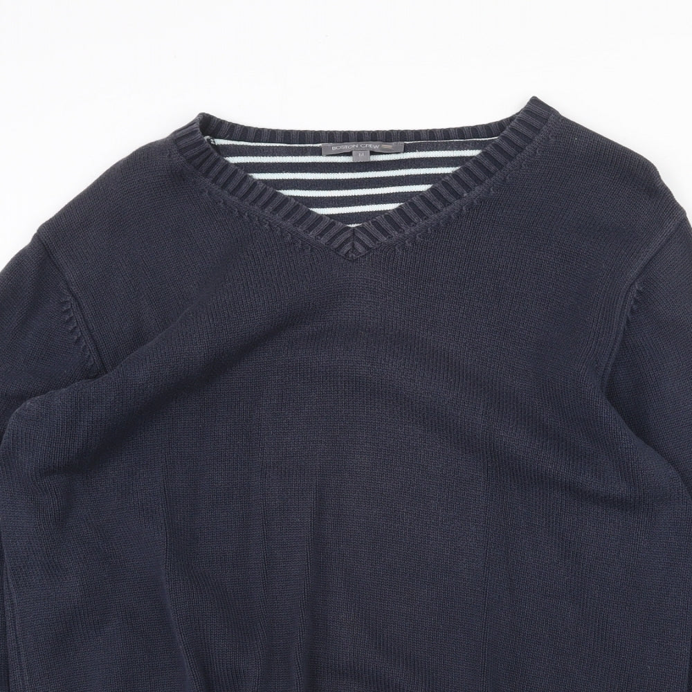 Boston Crew Mens Blue V-Neck Cotton Pullover Jumper Size M Long Sleeve