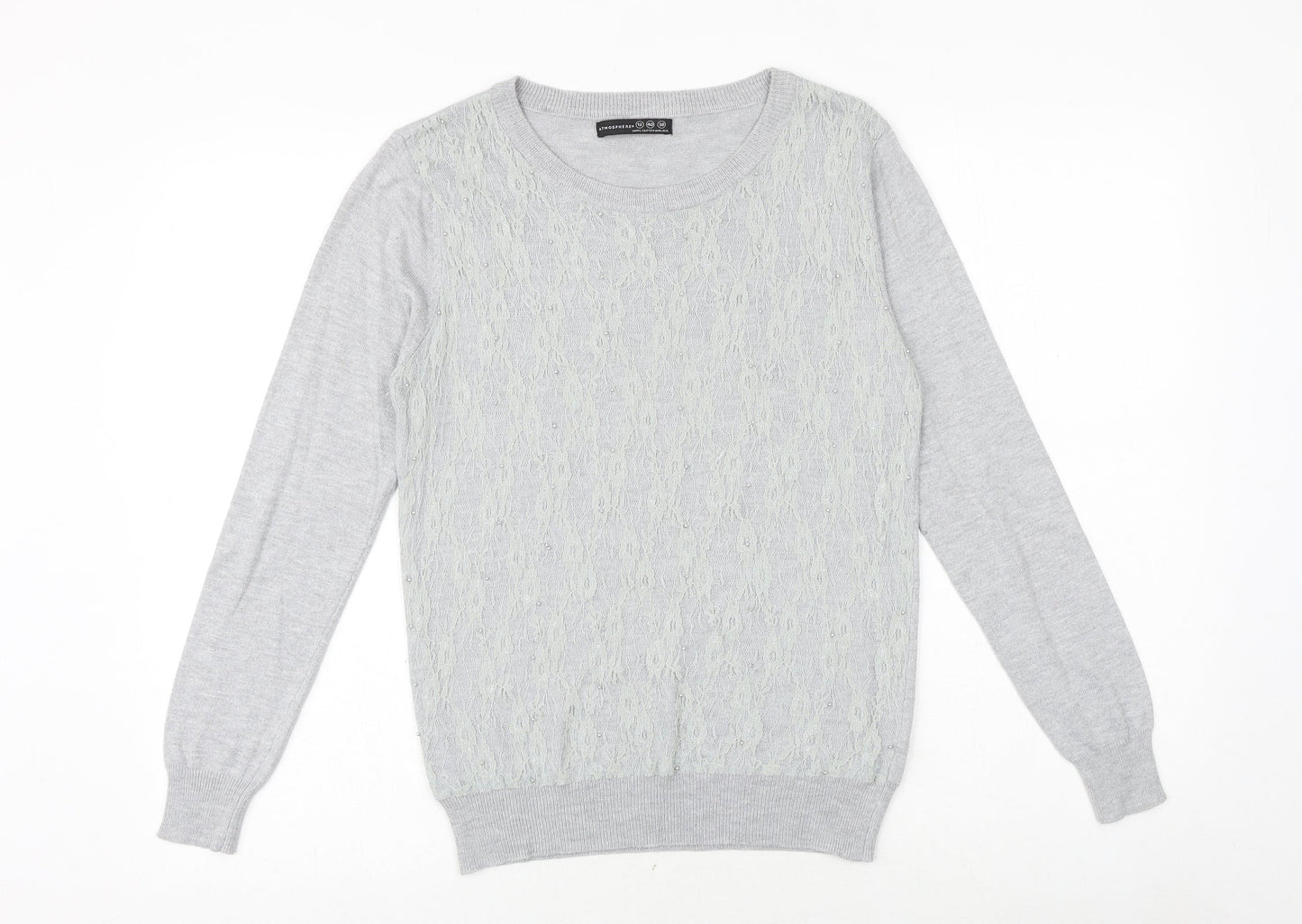 Primark Womens Grey Round Neck Viscose Pullover Jumper Size 12 - Lace Overlay