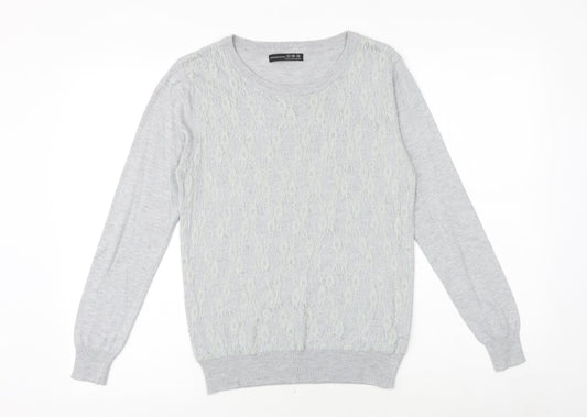 Primark Womens Grey Round Neck Viscose Pullover Jumper Size 12 - Lace Overlay