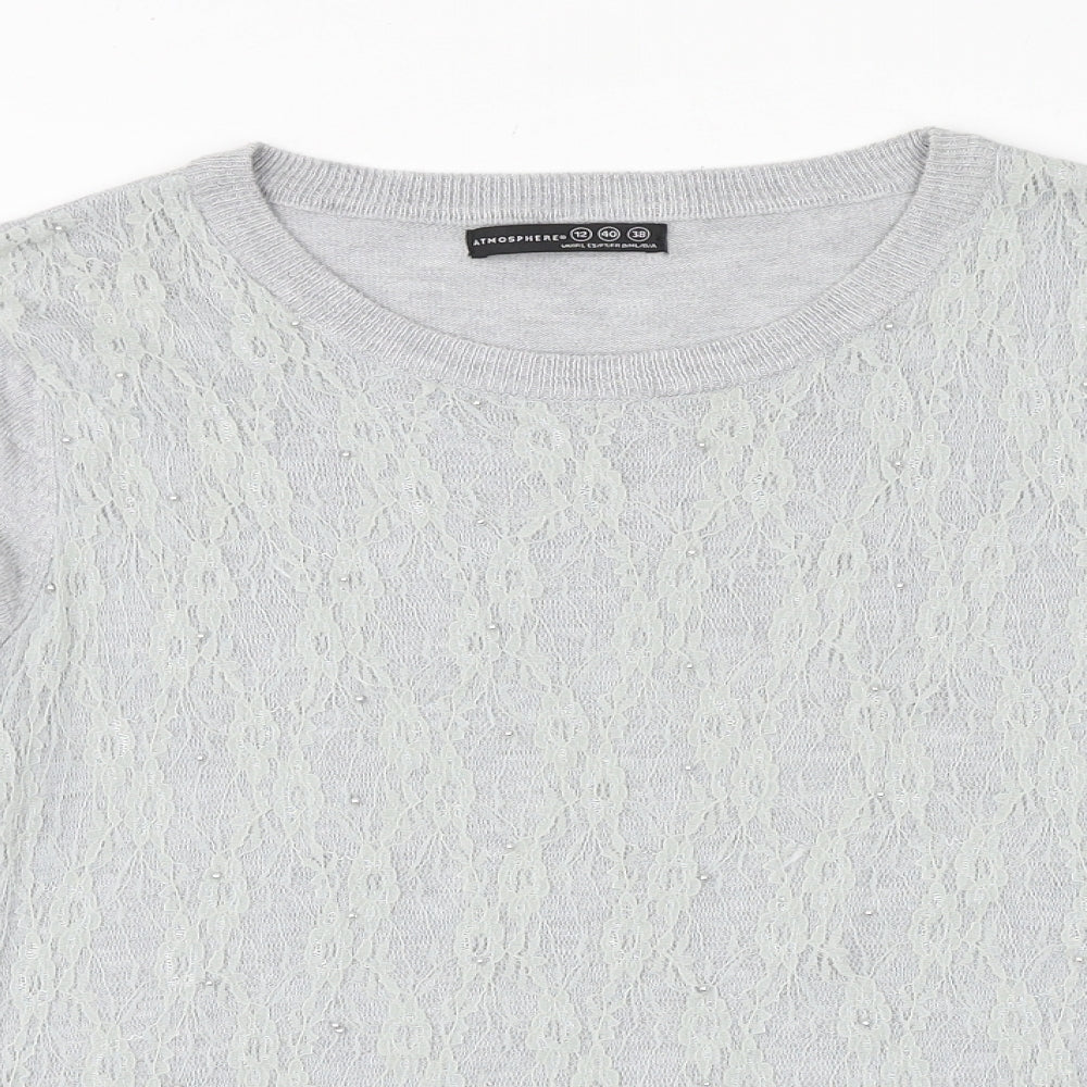 Primark Womens Grey Round Neck Viscose Pullover Jumper Size 12 - Lace Overlay