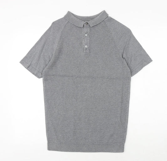 REMUS Mens Grey 100% Cotton Polo Size M Collared Button