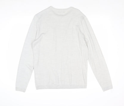 New Look Mens Grey Round Neck Acrylic Pullover Jumper Size M Long Sleeve