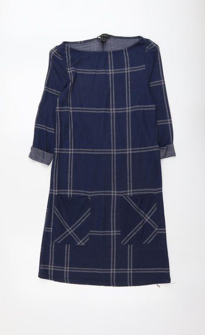 Atmosphere Womens Blue Check Polyester A-Line Size 6 Boat Neck Pullover