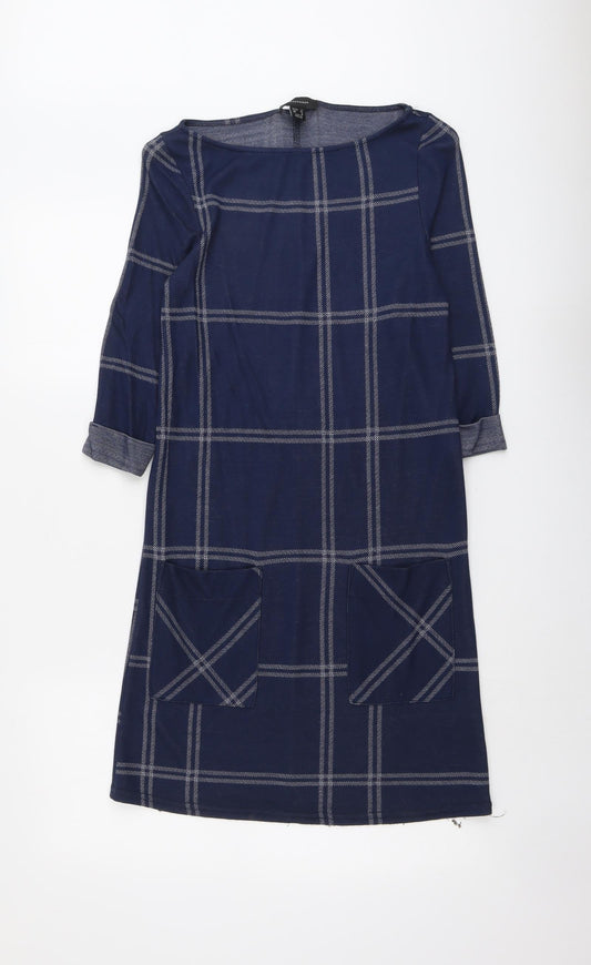 Atmosphere Womens Blue Check Polyester A-Line Size 6 Boat Neck Pullover