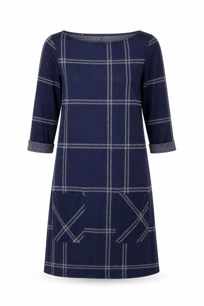 Atmosphere Womens Blue Check Polyester A-Line Size 6 Boat Neck Pullover