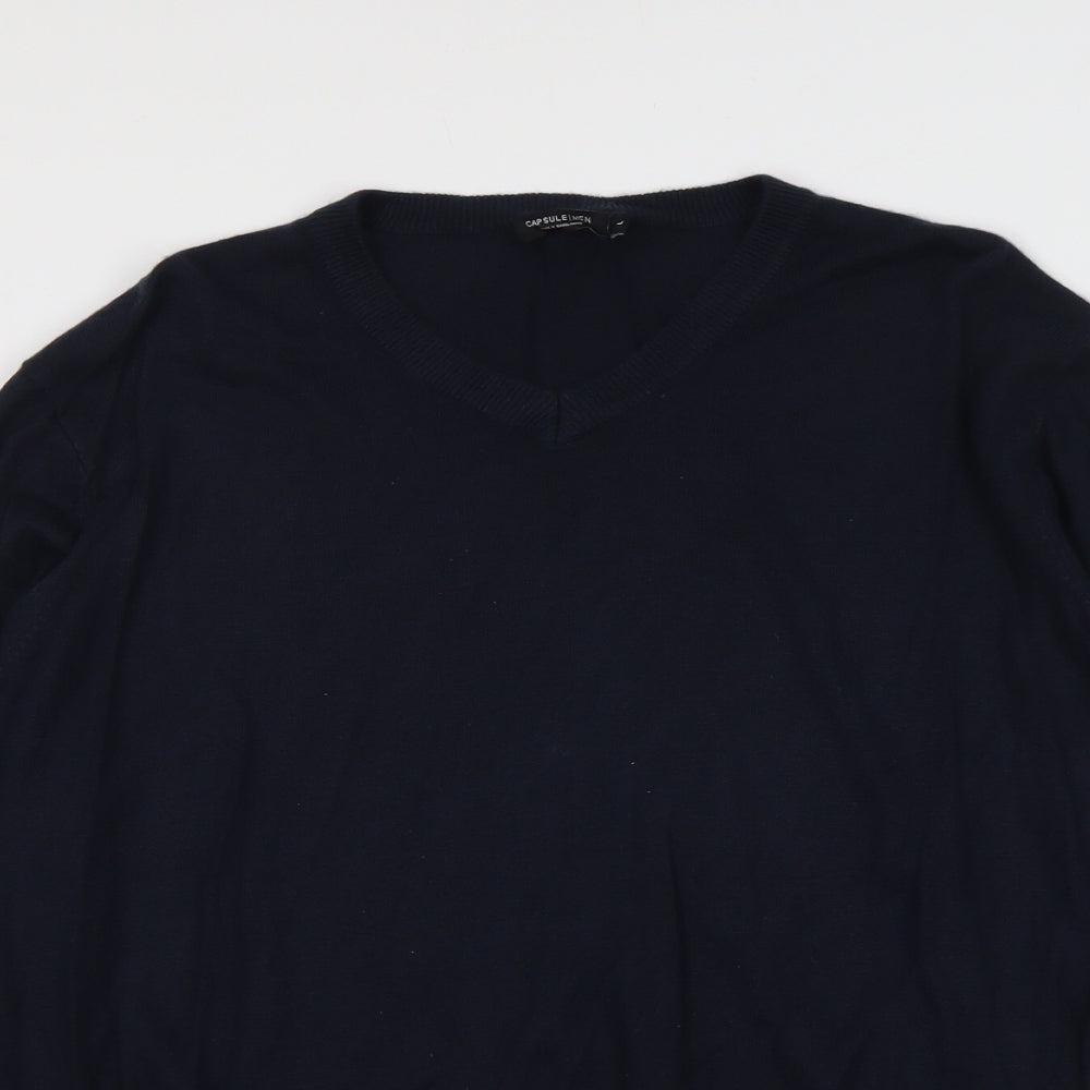 Capsule Mens Blue V-Neck Acrylic Pullover Jumper Size L Long Sleeve