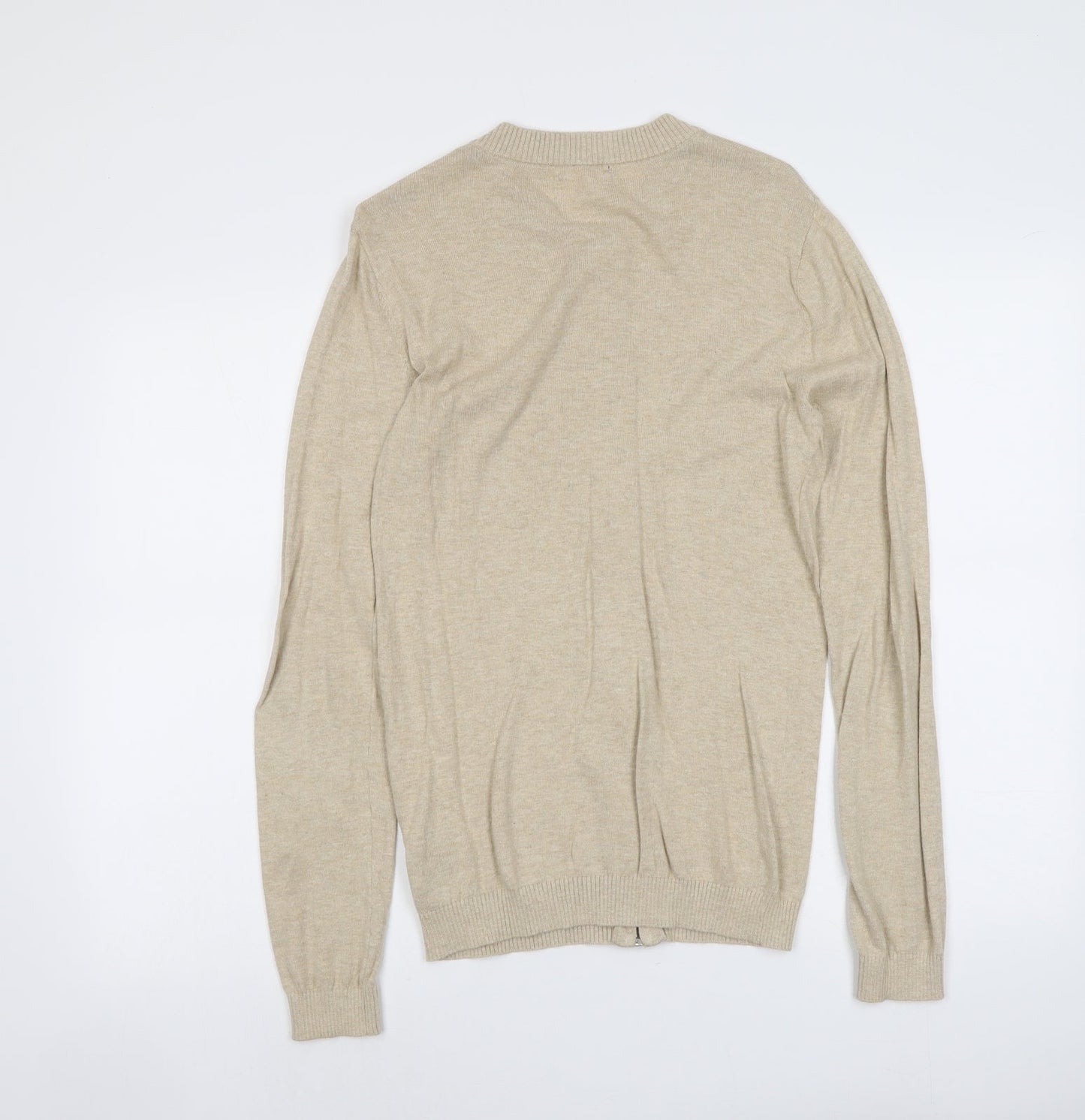 ASOS Mens Beige Round Neck Cotton Full Zip Jumper Size S Long Sleeve