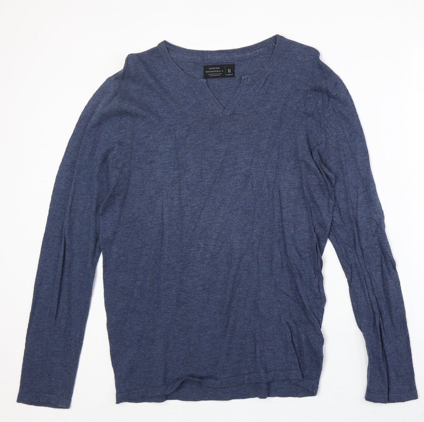 Reserved & Co Mens Blue V-Neck Polyester Pullover Jumper Size M Long Sleeve