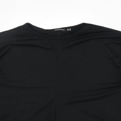 Boohoo Womens Black Polyester Basic T-Shirt Size 12 Round Neck - Tie Sleeve Detail