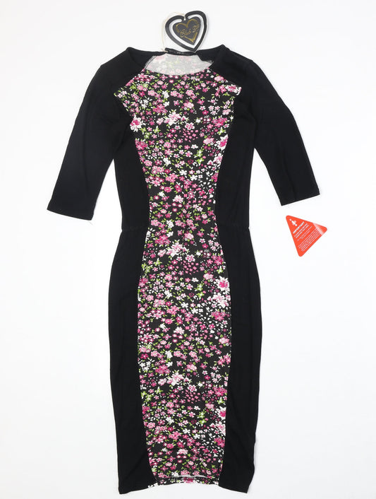 Club L Womens Black Floral Viscose Bodycon Size 8 Round Neck Pullover