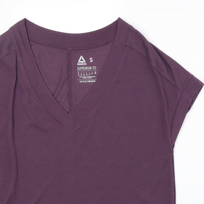 Reebok Womens Purple Polyester Jersey T-Shirt Size S V-Neck Pullover