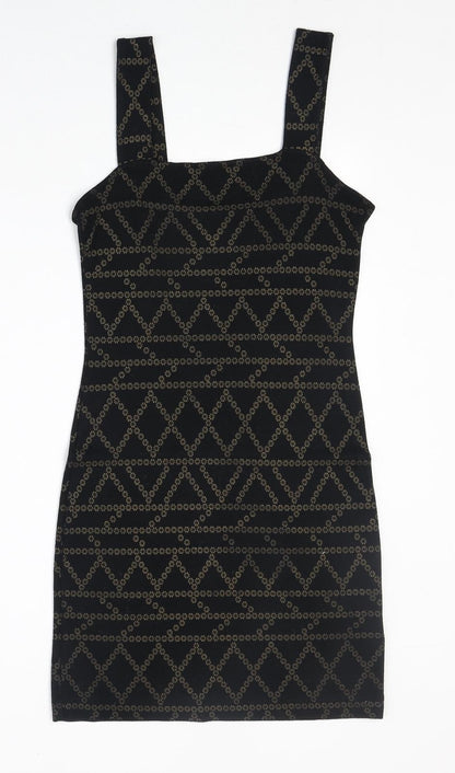 H&M Womens Black Geometric Viscose Bodycon Size S Square Neck Pullover