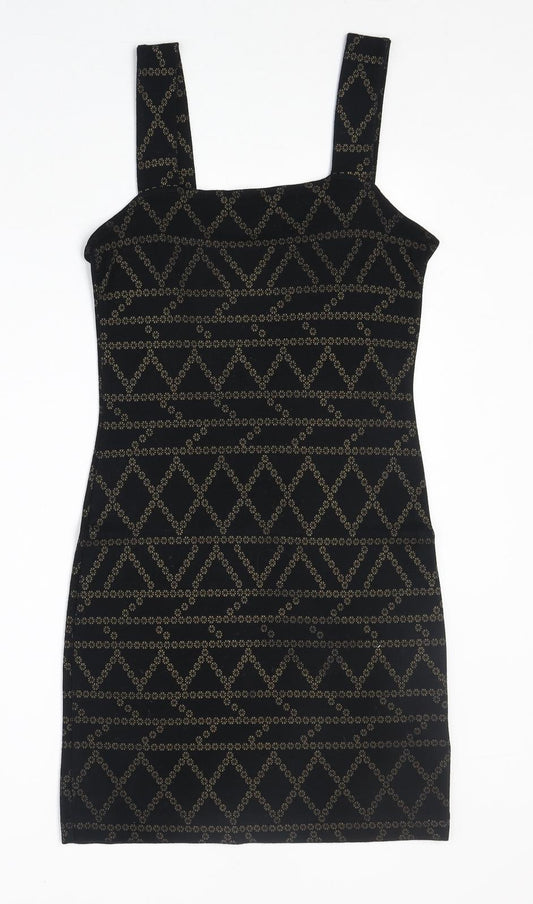 H&M Womens Black Geometric Viscose Bodycon Size S Square Neck Pullover