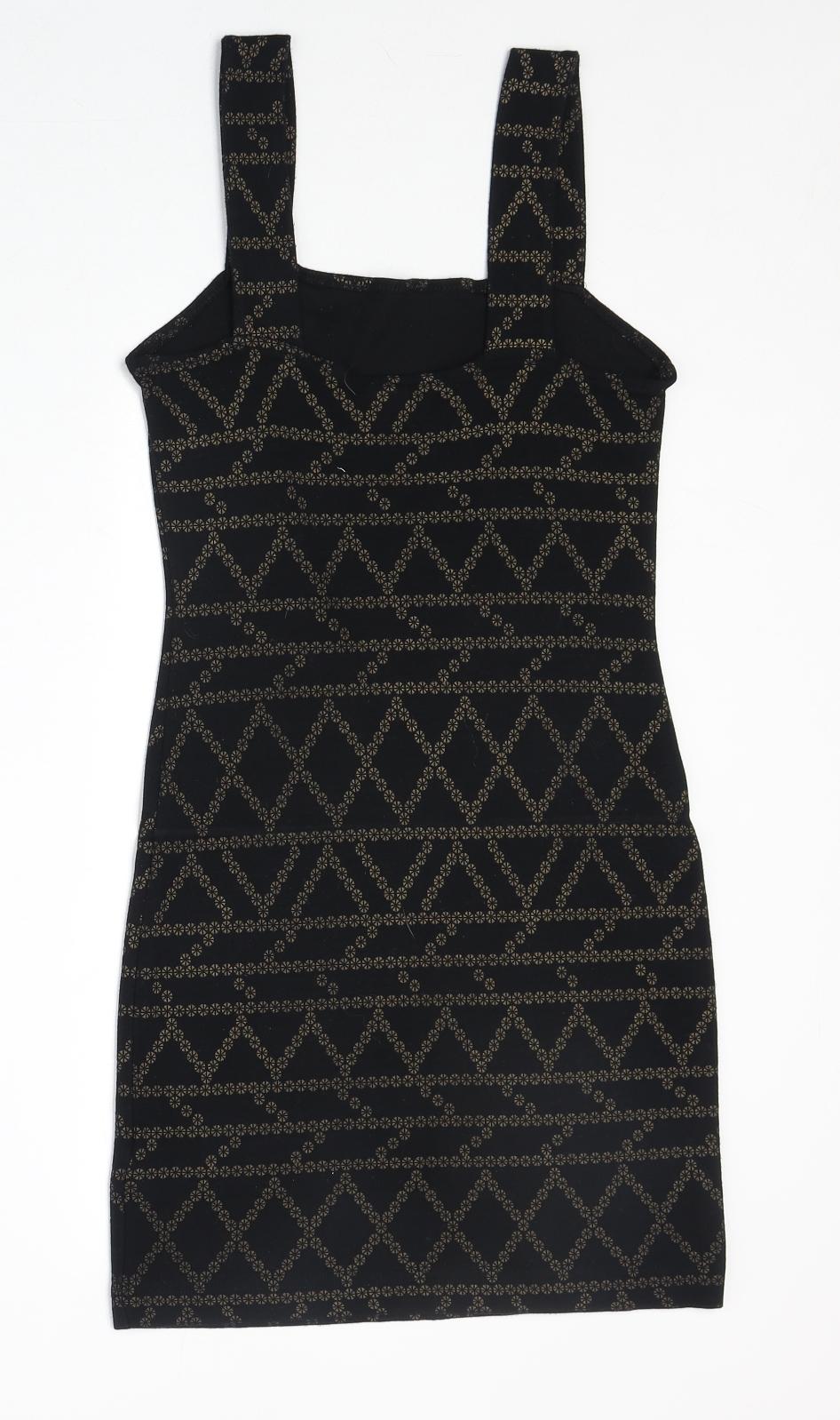 H&M Womens Black Geometric Viscose Bodycon Size S Square Neck Pullover