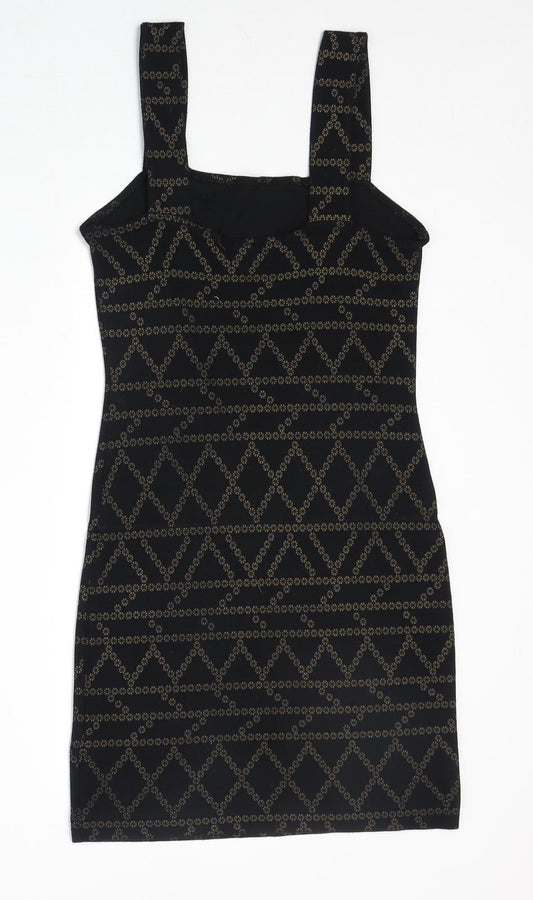 H&M Womens Black Geometric Viscose Bodycon Size S Square Neck Pullover