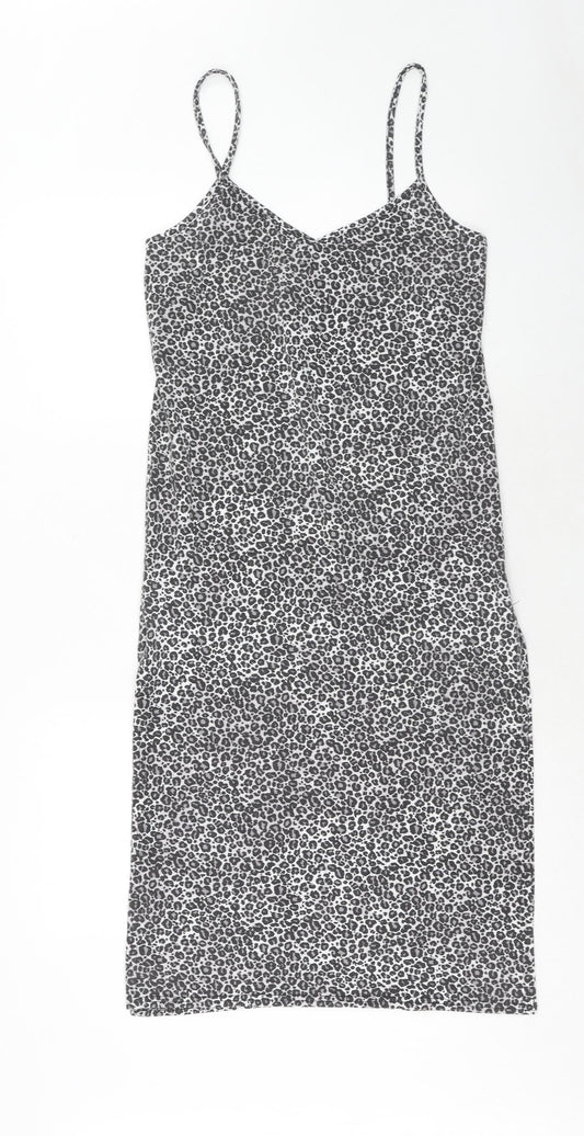 PRETTYLITTLETHING Womens Grey Animal Print Polyester Slip Dress Size 10 V-Neck Pullover - Leopard Pattern