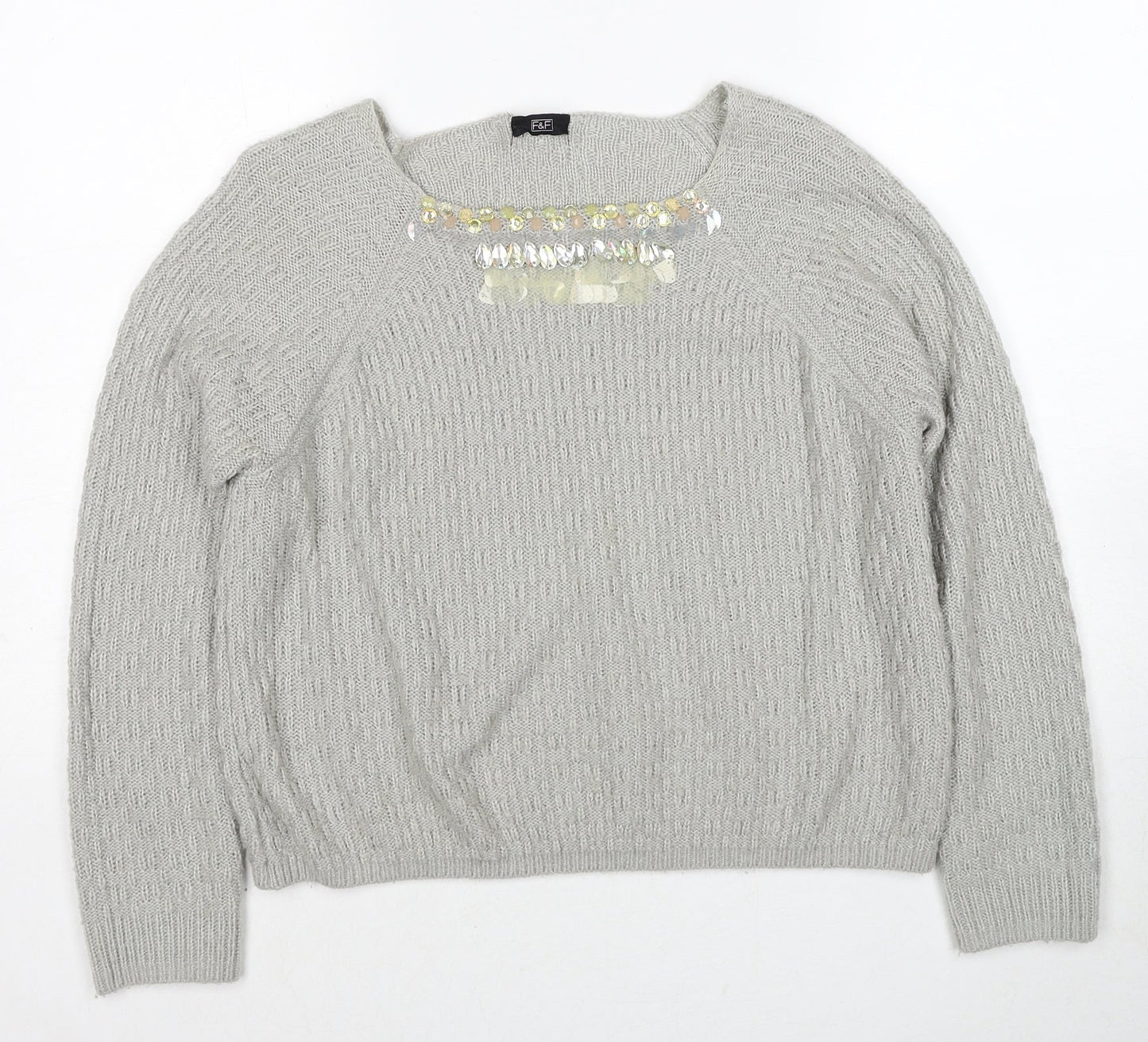 F&F Womens Grey Round Neck Acrylic Pullover Jumper Size 12