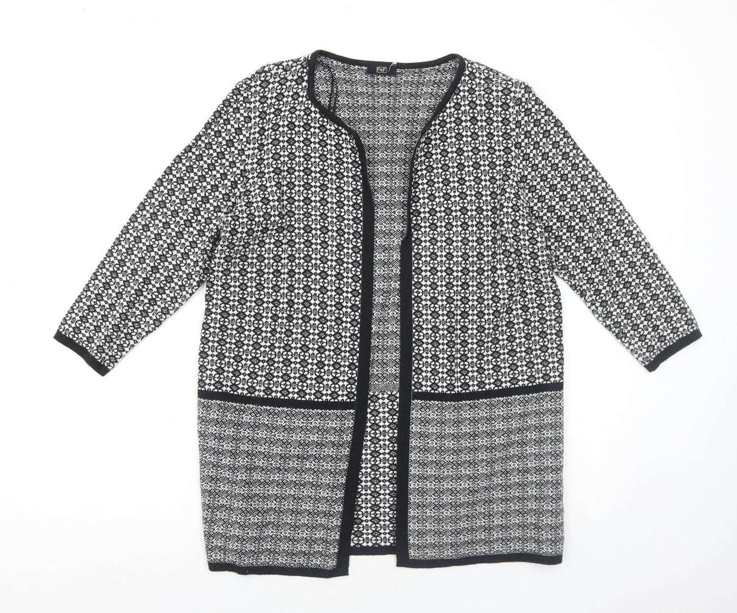 F&F Womens Black V-Neck Geometric Cotton Cardigan Jumper Size 14