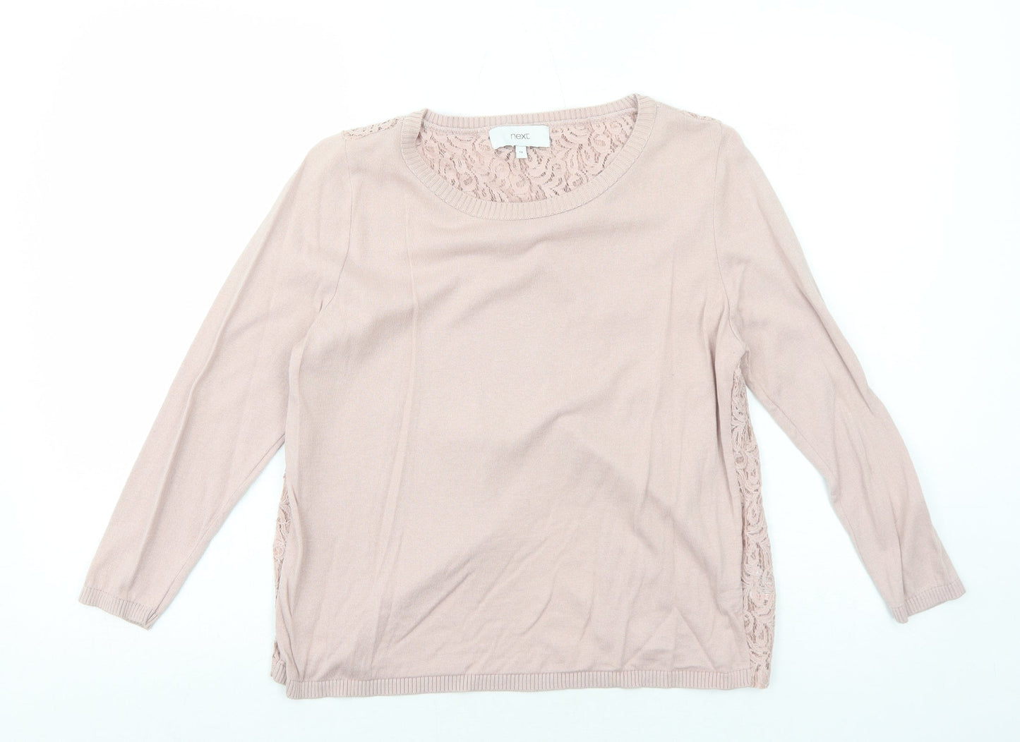 NEXT Womens Pink Round Neck Cotton Pullover Jumper Size 12 - Lace Details on Back