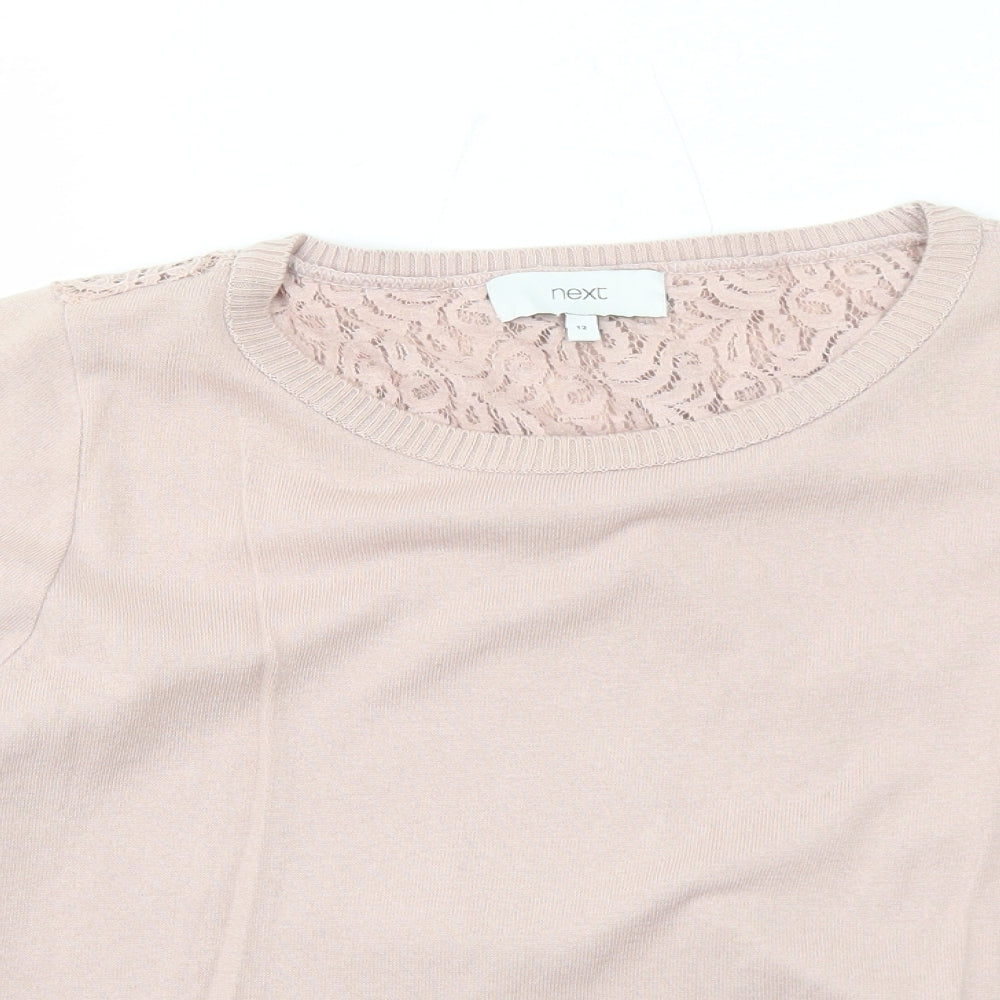 NEXT Womens Pink Round Neck Cotton Pullover Jumper Size 12 - Lace Details on Back