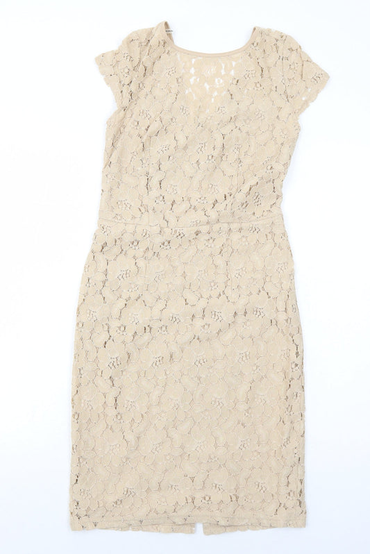 Dorothy Perkins Womens Beige Floral Nylon A-Line Size 8 Round Neck Zip