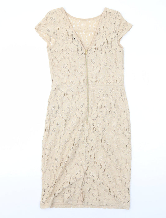 Dorothy Perkins Womens Beige Floral Nylon A-Line Size 8 Round Neck Zip