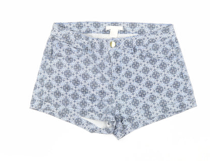 H&M Womens Blue Geometric Cotton Mom Shorts Size 6 Regular Zip
