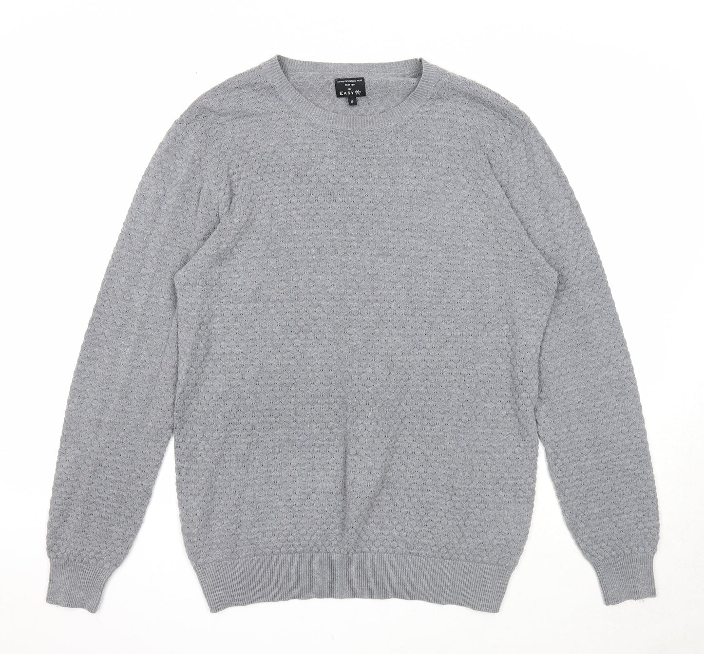 Easy Mens Grey Round Neck Cotton Pullover Jumper Size S Long Sleeve