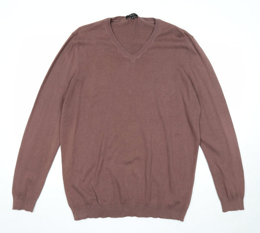 New Look Mens Brown V-Neck Cotton Pullover Jumper Size XL Long Sleeve