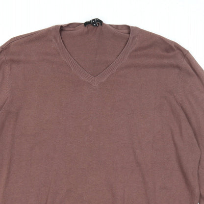 New Look Mens Brown V-Neck Cotton Pullover Jumper Size XL Long Sleeve