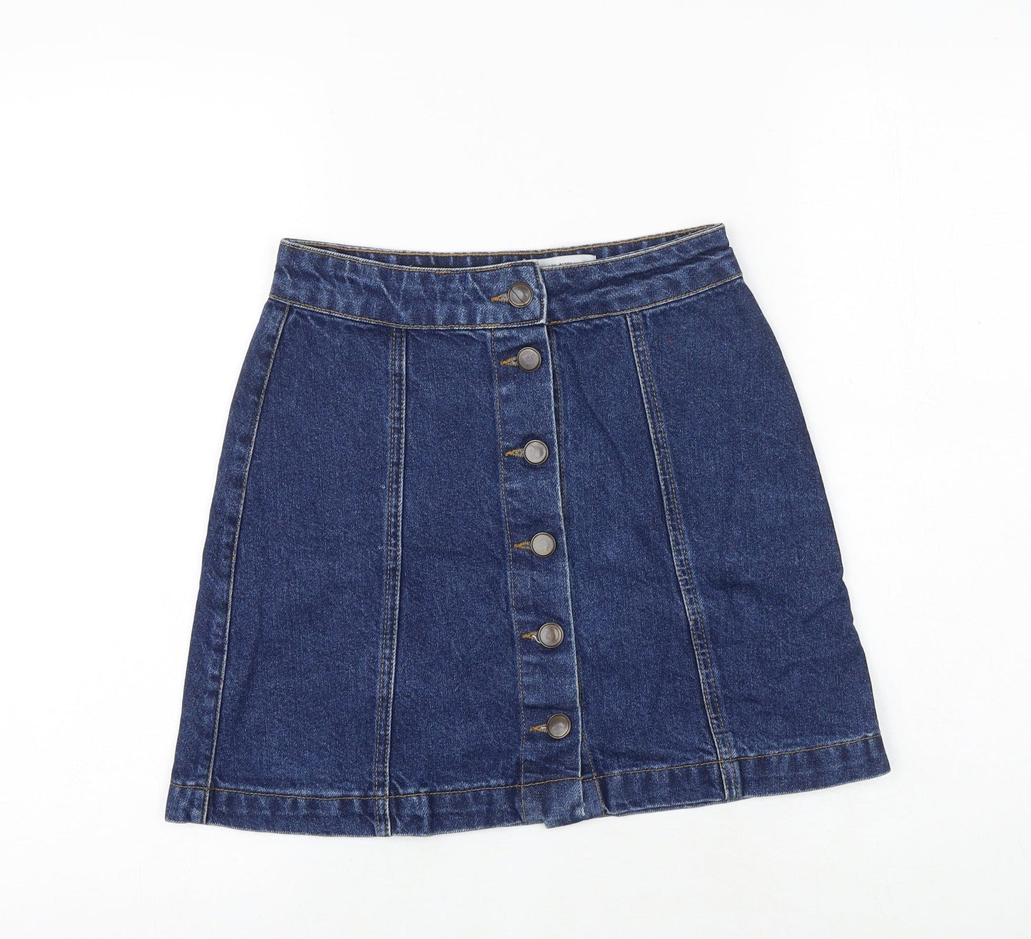 New Look Womens Blue Cotton A-Line Skirt Size 6 Button