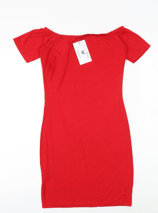 In the Style Womens Red Viscose Bodycon Size 10 Off the Shoulder Pullover