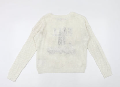 FBsister Womens Ivory Round Neck Polyester Pullover Jumper Size XS - Fall in Love