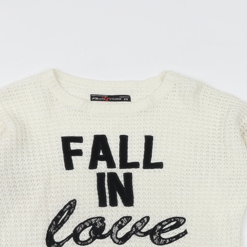 FBsister Womens Ivory Round Neck Polyester Pullover Jumper Size XS - Fall in Love