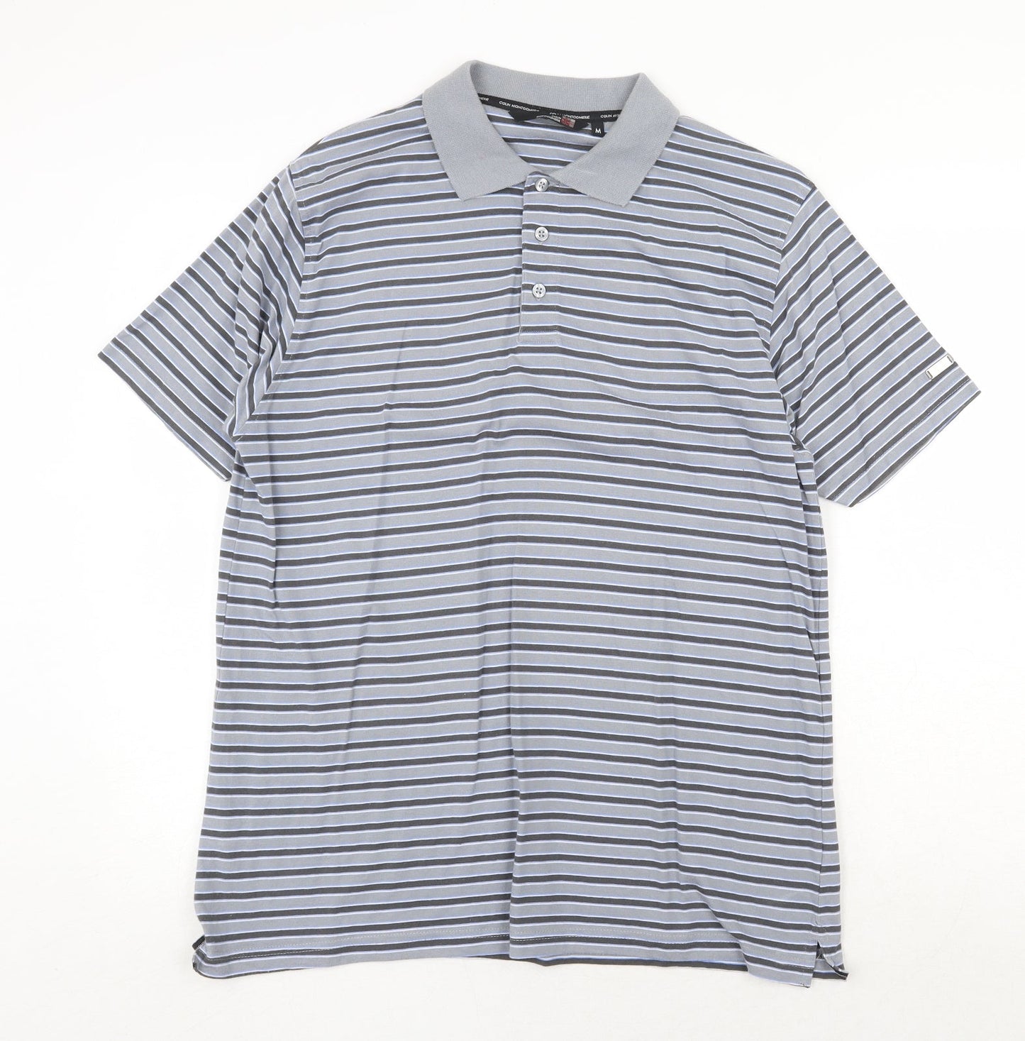 Colin Montgomre Mens Grey Striped Cotton Polo Size M Collared Button