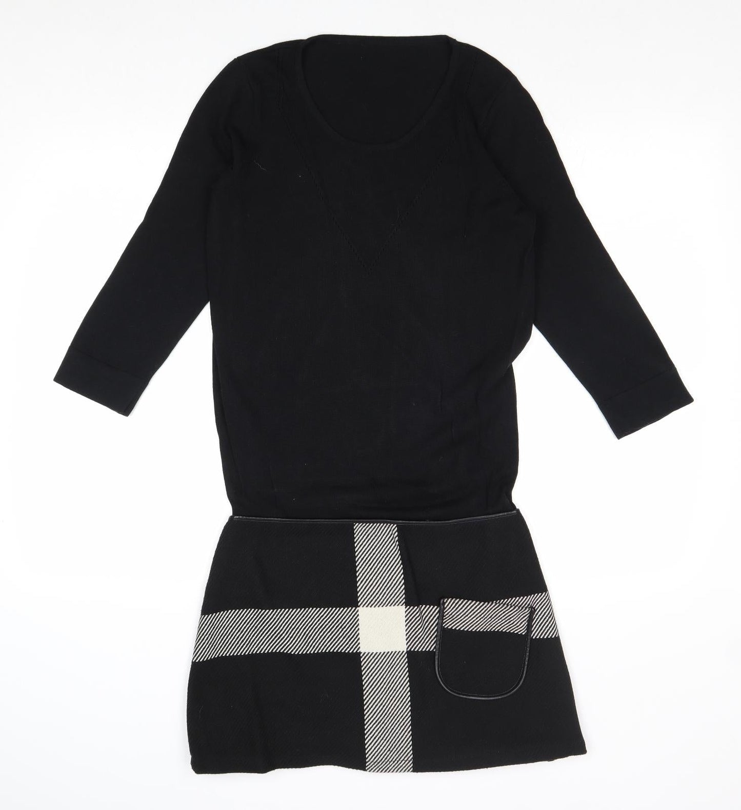 Trend Womens Black Check Polyester Jumper Dress Size 10 Round Neck Zip