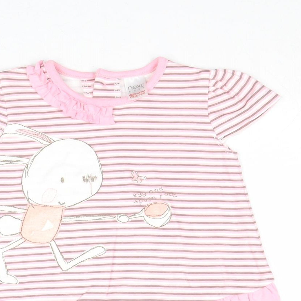NEXT Girls Pink Striped 100% Cotton Basic Blouse Size 3-6 Months Round Neck Button - Bunny