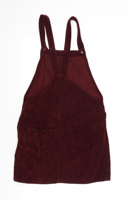 Topshop Womens Red 100% Cotton Pinafore/Dungaree Dress Size 6 Square Neck Button