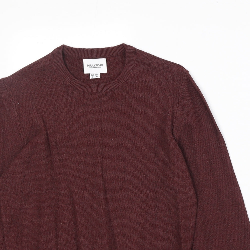 Pull&Bear Mens Red Round Neck Cotton Pullover Jumper Size S Long Sleeve