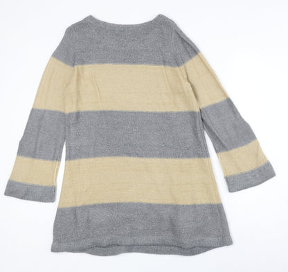Marks and Spencer Womens Grey Round Neck Striped Acrylic Pullover Jumper Size 14