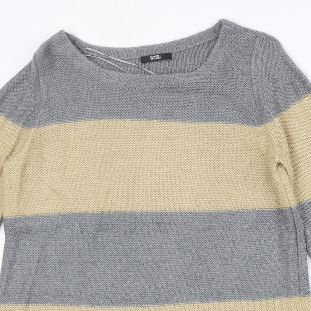 Marks and Spencer Womens Grey Round Neck Striped Acrylic Pullover Jumper Size 14