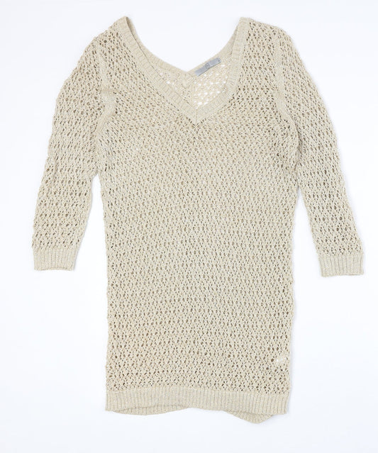 TU Womens Gold Cotton Jumper Dress Size 14 V-Neck Pullover
